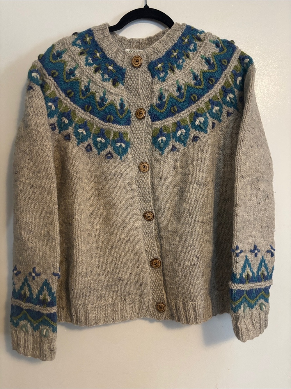 Orvis Gray Wool Fair Isle Cardigan with Blue Accents